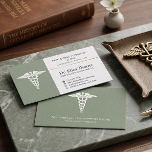 Luxury Veterinary DVM Caduceus Sage Green Two-Side Business Card