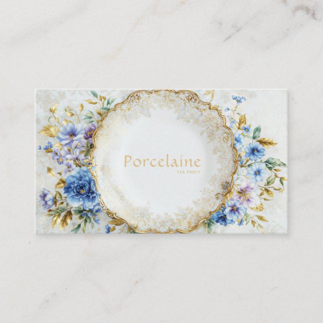 Luxury Victorian Blue Floral Ornate Gold Plate Business Card (Front)