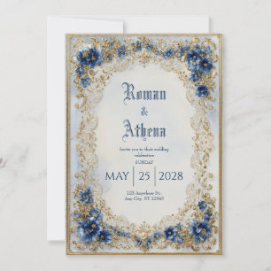 Luxury Victorian Blue Gold Ornate Oval Wedding Invitation
