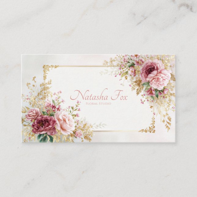 Luxury Victorian Blush Rose Floral and Gold Frame Business Card (Front)