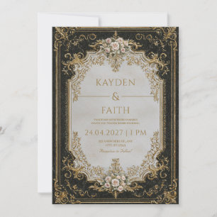 Luxury Victorian Gold Baroque Black Rose Wedding Invitation