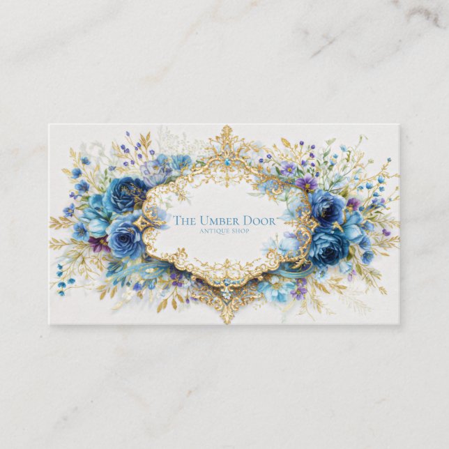 Luxury Victorian Ornate Gold Frame Blue Floral Business Card (Front)