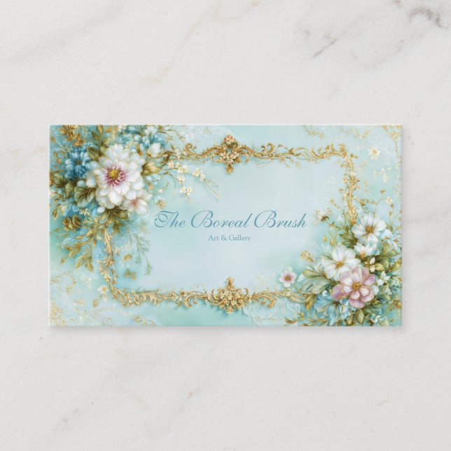 Luxury Victorian Ornate Gold Frame Teal Floral Business Card (Front)