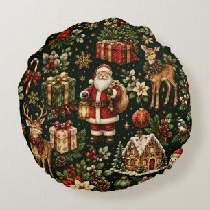 Luxury Vintage Christmas Holiday Pattern Round Cushion