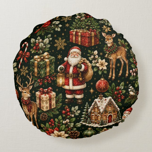 Luxury Vintage Christmas Holiday Pattern Round Cushion (Back)