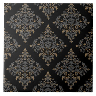 Luxury Vintage Damask Royal Black Floral Gold Tile
