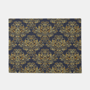 Luxury, vintage, elegant, navy blue, gold, floral doormat