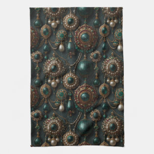 Luxury Vintage Emerald and Pearl Jewellery Pattern Tea Towel