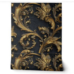 Luxury Vintage French Baroque Black Gold Royal Wallpaper