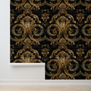 Luxury Vintage French Baroque Black Gold Royal Wallpaper