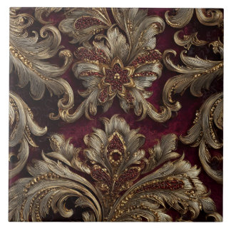 Luxury Vintage French Baroque Burgundy Gold Floral Tile