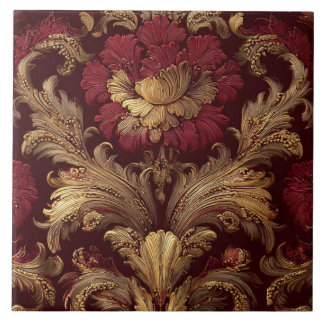 Luxury Vintage French Baroque Burgundy Gold Floral Tile