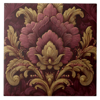 Luxury Vintage French Baroque Burgundy Gold Floral Tile