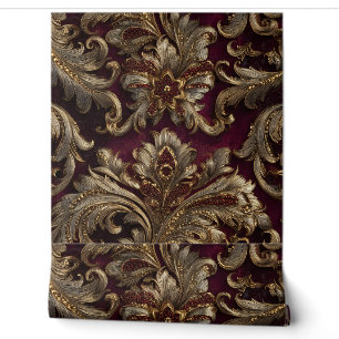 Luxury Vintage French Baroque Burgundy Gold Floral Wallpaper