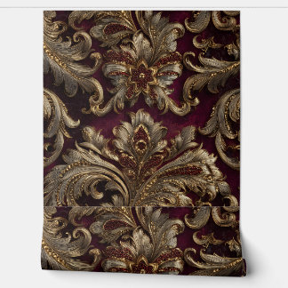 Luxury Vintage French Baroque Burgundy Gold Floral Wallpaper
