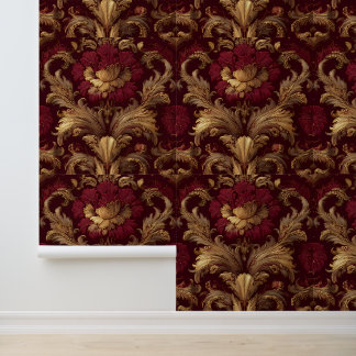 Luxury Vintage French Baroque Burgundy Gold Floral Wallpaper