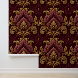 Luxury Vintage French Baroque Burgundy Gold Floral Wallpaper