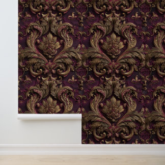 Luxury Vintage French Baroque Burgundy Gold Floral Wallpaper
