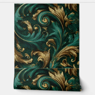 Luxury Vintage French Baroque Emerald Green Gold Wallpaper