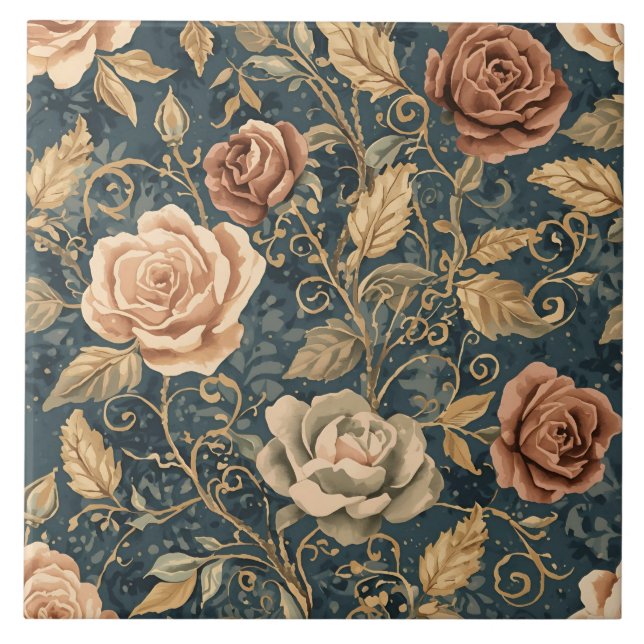 Luxury, Vintage Garden of Roses, Blue Background Tile (Front)