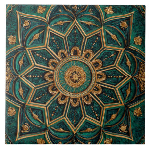 Luxury Vintage Islamic Geometric Emerald Gold Tile