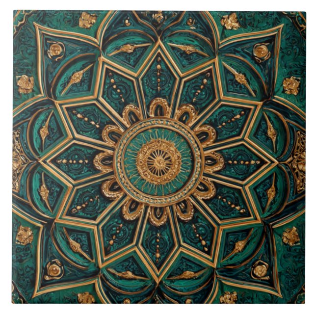 Luxury Vintage Islamic Geometric Emerald Gold  Tile (Front)