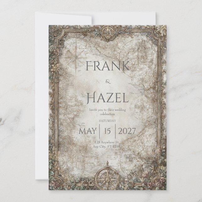 Luxury Vintage Map Gold Baroque Adventure Wedding Invitation (Front)