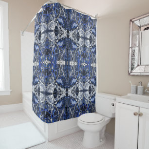 Luxury, vintage, navy blue, white, grey pattern shower curtain