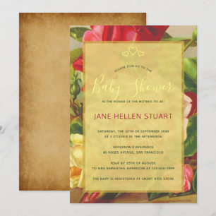 Luxury vintage roses faux gold framed baby shower invitation