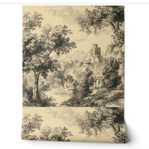 Luxury Vintage Toile Jouy Black Ink Beige French Wallpaper