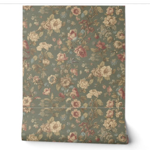 Luxury Vintage Victorian Floral Beige Olive Green Wallpaper