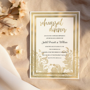 Luxury vintage white gold floral Rehearsal Dinner Invitation