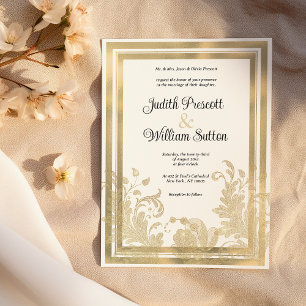 Luxury vintage white gold floral wedding invitation
