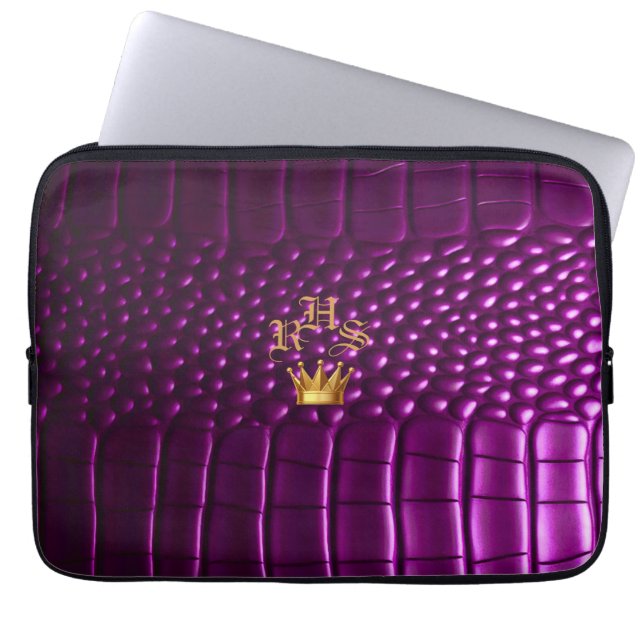 Luxury Vivid Purple Faux Crocodile Monogrammed Laptop Sleeve (Front)