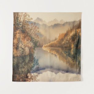 Luxury Watercolor Autumn Mountain Lake Tapestry