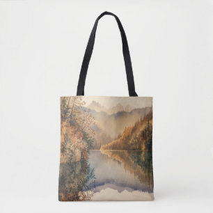 Luxury Watercolor Autumn Mountain Lake Tote Bag