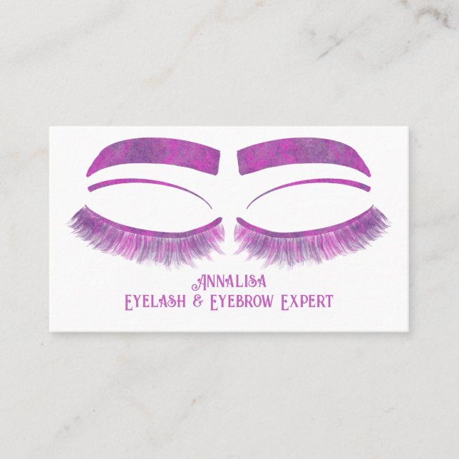 Luxury Watercolor Eyelash & Brow Beauty, Purple Business Card (Front)