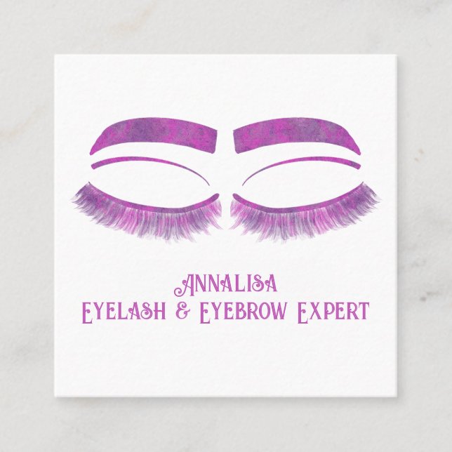 Luxury Watercolor Eyelash & Brow Beauty, Purple Square Business Card (Front)