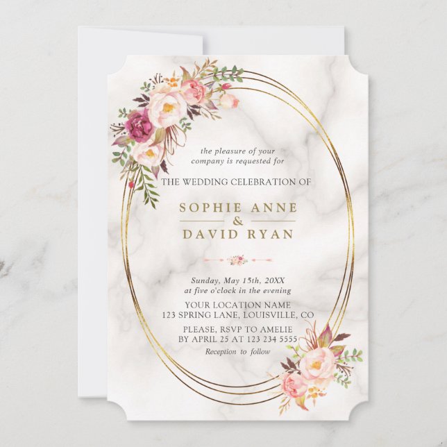 Luxury Watercolor Pink Flowers Marble Wedding Invitation (Front)