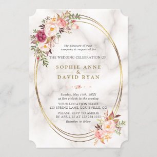 Luxury Watercolor Pink Flowers Marble Wedding Invitation