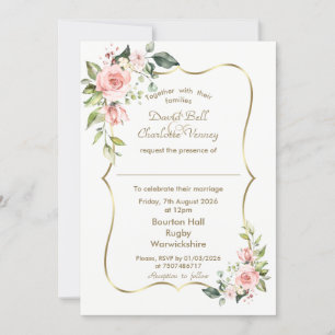 Luxury Watercolour Blush Pink Flowers Gold Wedding Invitation