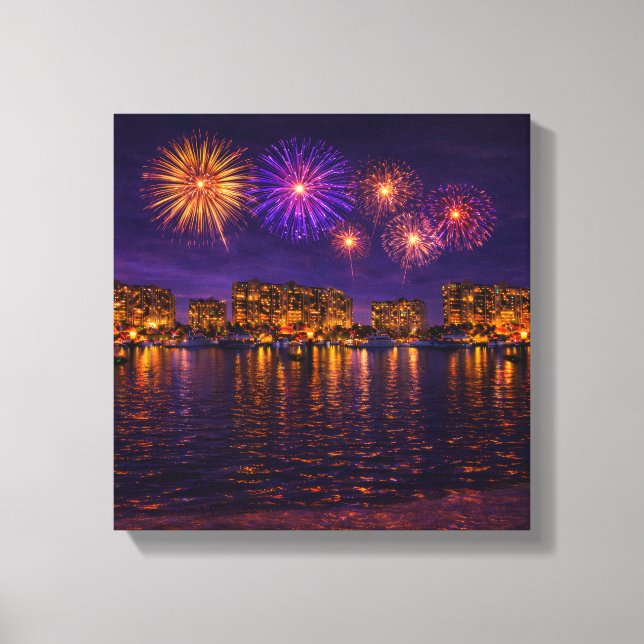Luxury Waterfront Fireworks Night Canvas Wall Art  (Front)