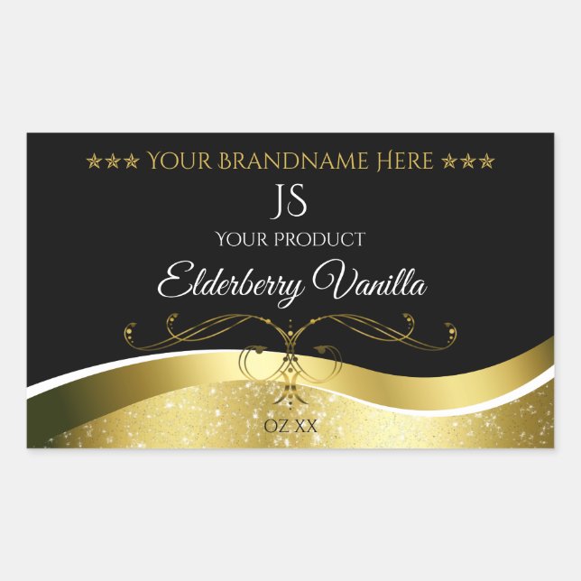 Luxury Wavy Gold Decor Dark Black Monogram Label (Front)