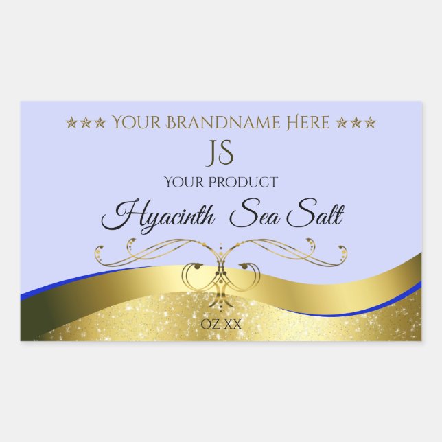 Luxury Wavy Gold Light Blue Monogram Product Label (Front)