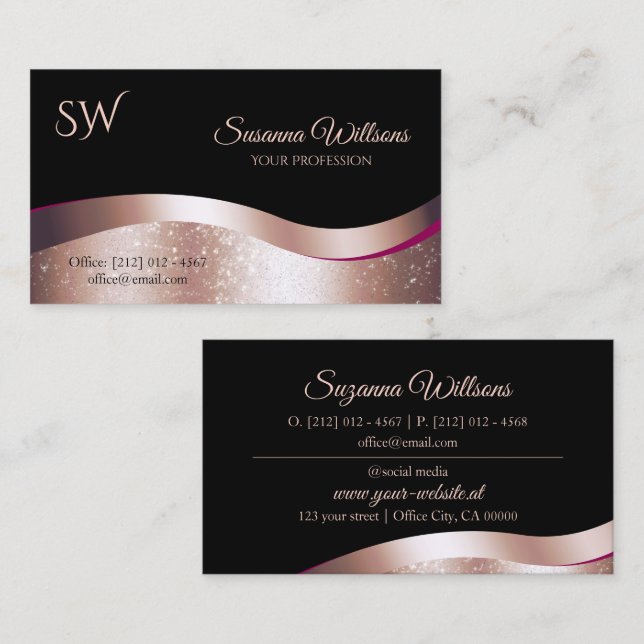 Luxury Wavy Rose Gold Decor Black with Monogram Business Card (Front/Back)