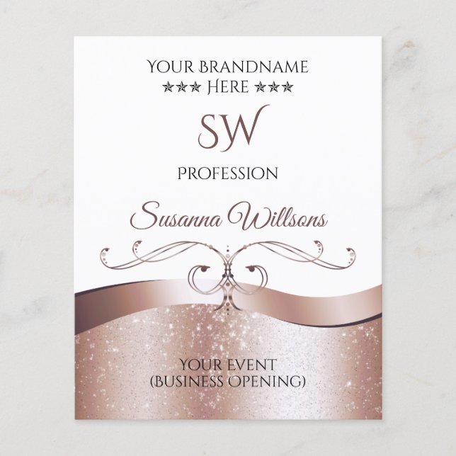 Luxury Wavy Rose Gold Decor White Monogram Flyer (Front)