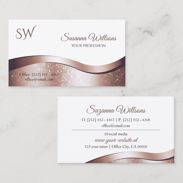 Luxury Wavy Rose Gold Decor White with Monogram Business Card (Front/Back)