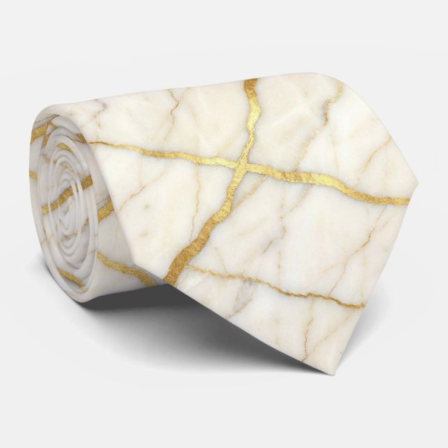 Luxury Wedding & Event Tie | White & Gold Marble  (Rolled)