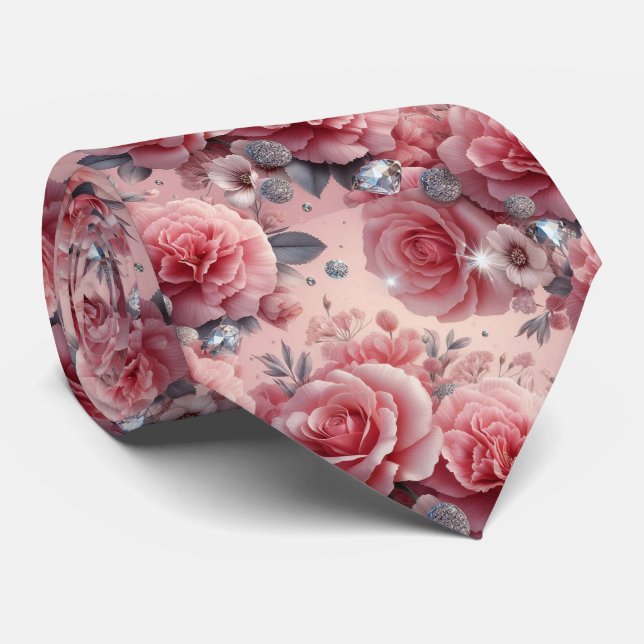 Luxury Wedding Neck Tie | Pink Roses & Diamonds (Rolled)