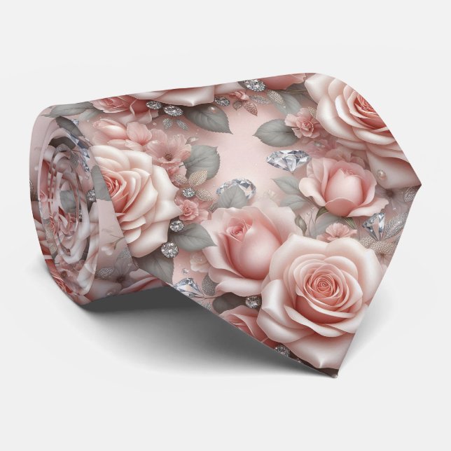 Luxury Wedding Neck Tie | Pink Roses & Diamonds (Rolled)